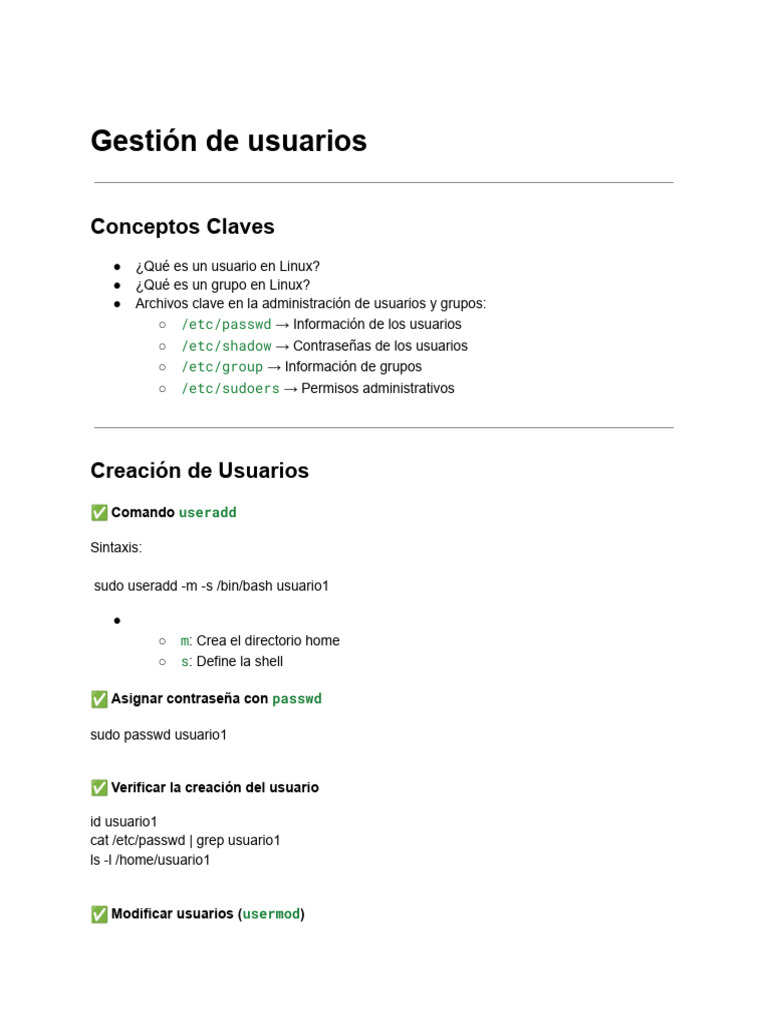 Gestión de Usuarios y Grupos en Linux | PDF
