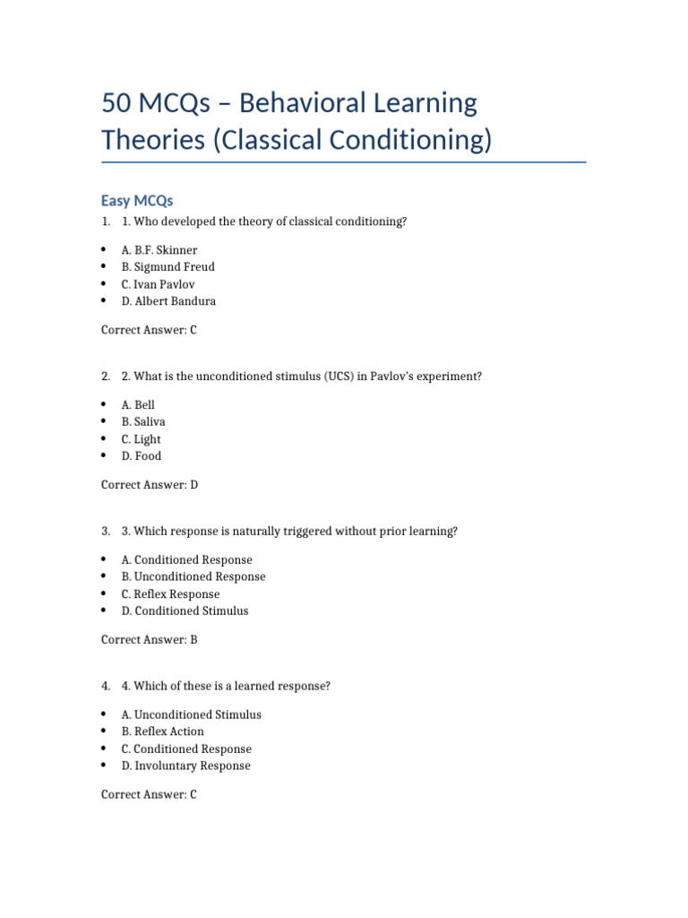 MCQs on Classical Conditioning | PDF | Classical Conditioning | Learning