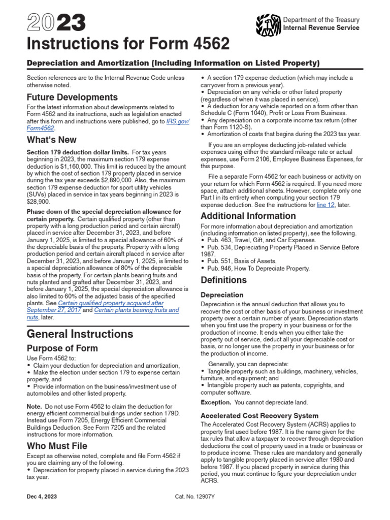 2023 Form 4562 Instructions Guide | PDF | Tax Deduction | Depreciation