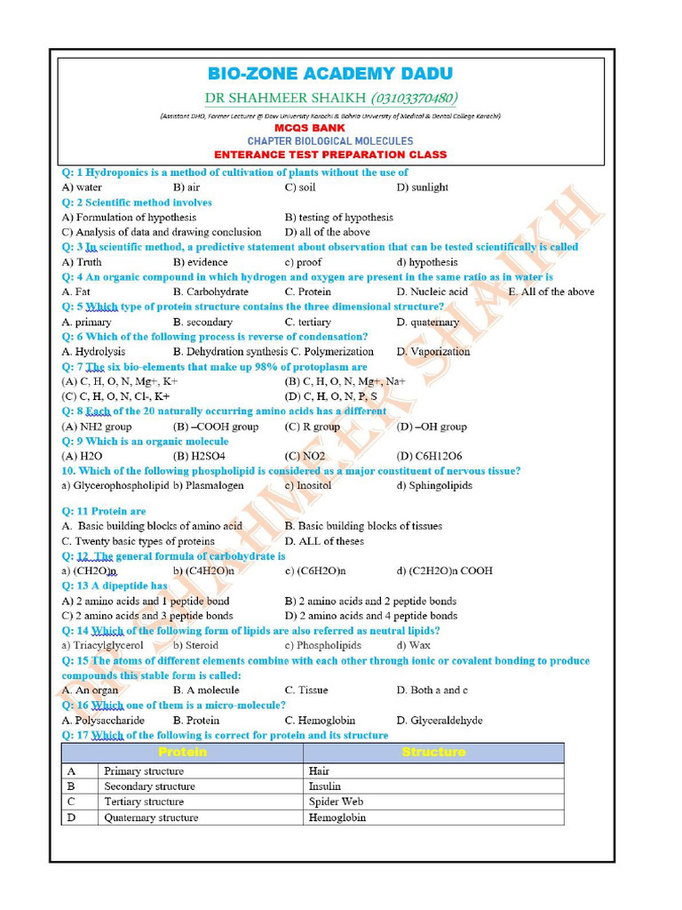 Mcqs Biological Molecules by DR Shahmeer-1 | PDF