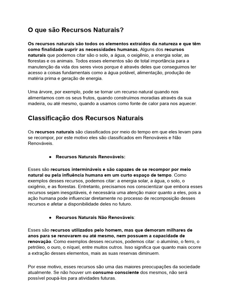 Tipos e Classificação de Recursos Naturais | PDF | Energia renovável | Água