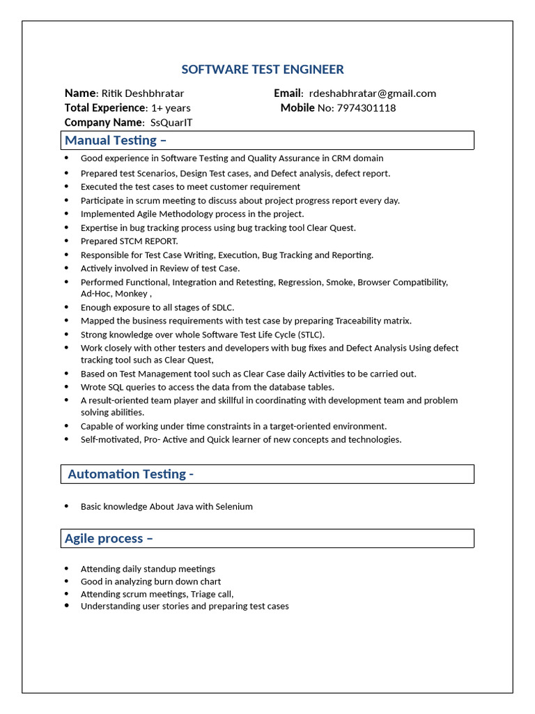 Software Test Engineer Resume Summary | PDF | Software Testing | Agile ...