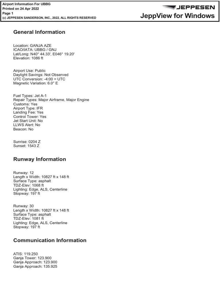 Ganja Airport UBBG: Key Details & Specs | PDF | Runway | Aviation