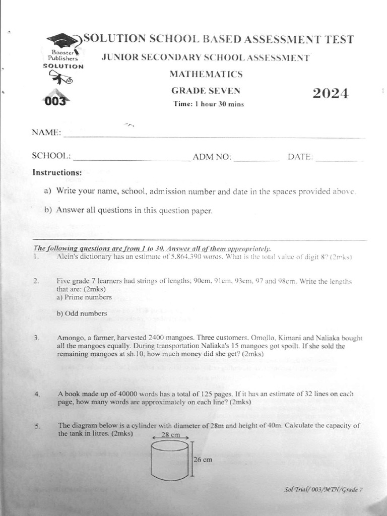 Grade 7 003 Solution All Subjects With Marking Scheme PDF | PDF