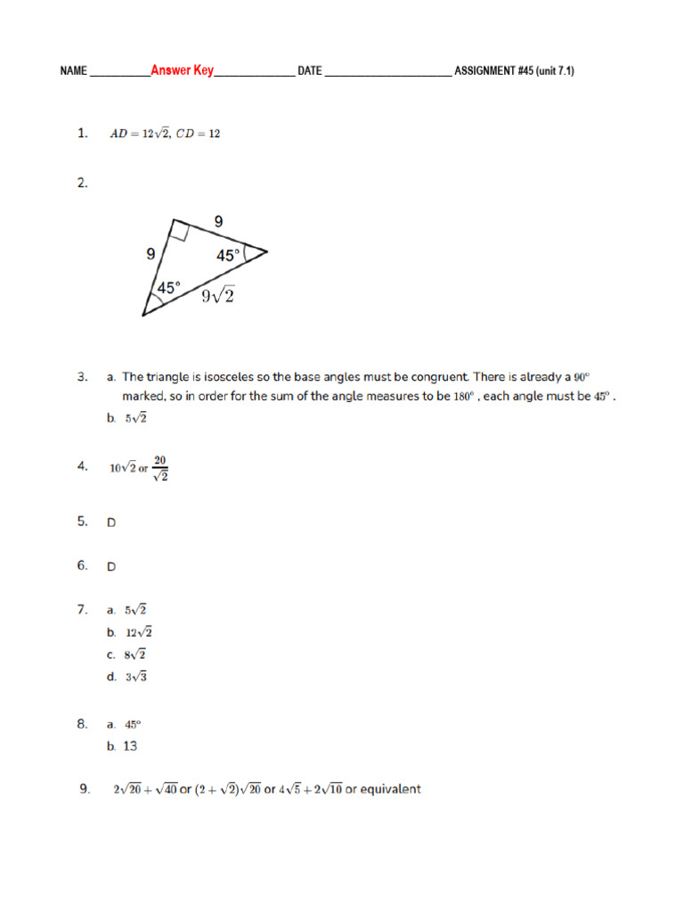 Assignment 45 Answer Key Unit 7.1 | PDF