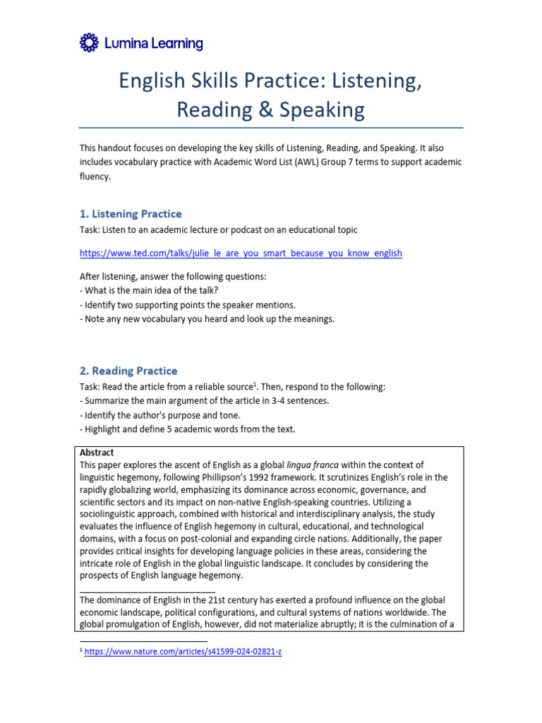 English Skills: Listening, Reading, Speaking | PDF | English Language ...