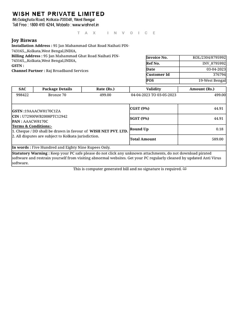 Invoice for Broadband Service - April 2023 | PDF