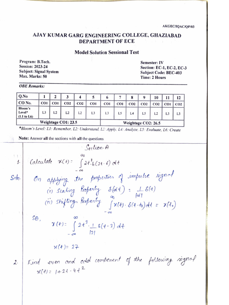 Signal System Sessional Test Solutions | PDF