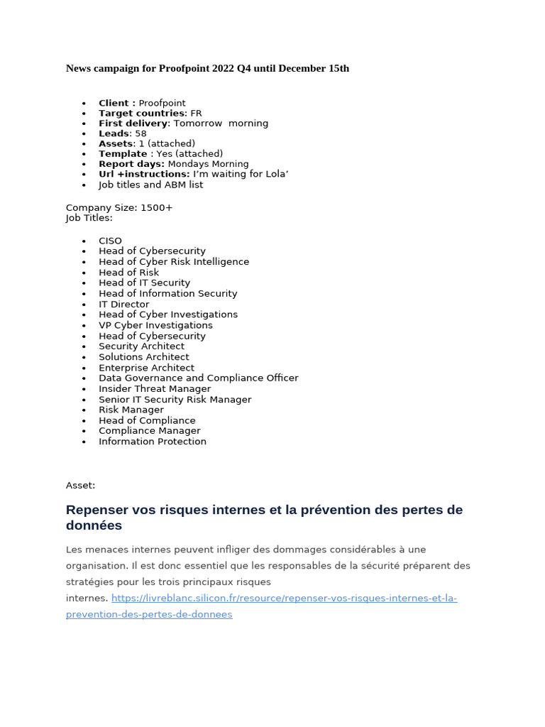 News Campaign For Proofpoint 2022 Q4 Until December 15th | PDF
