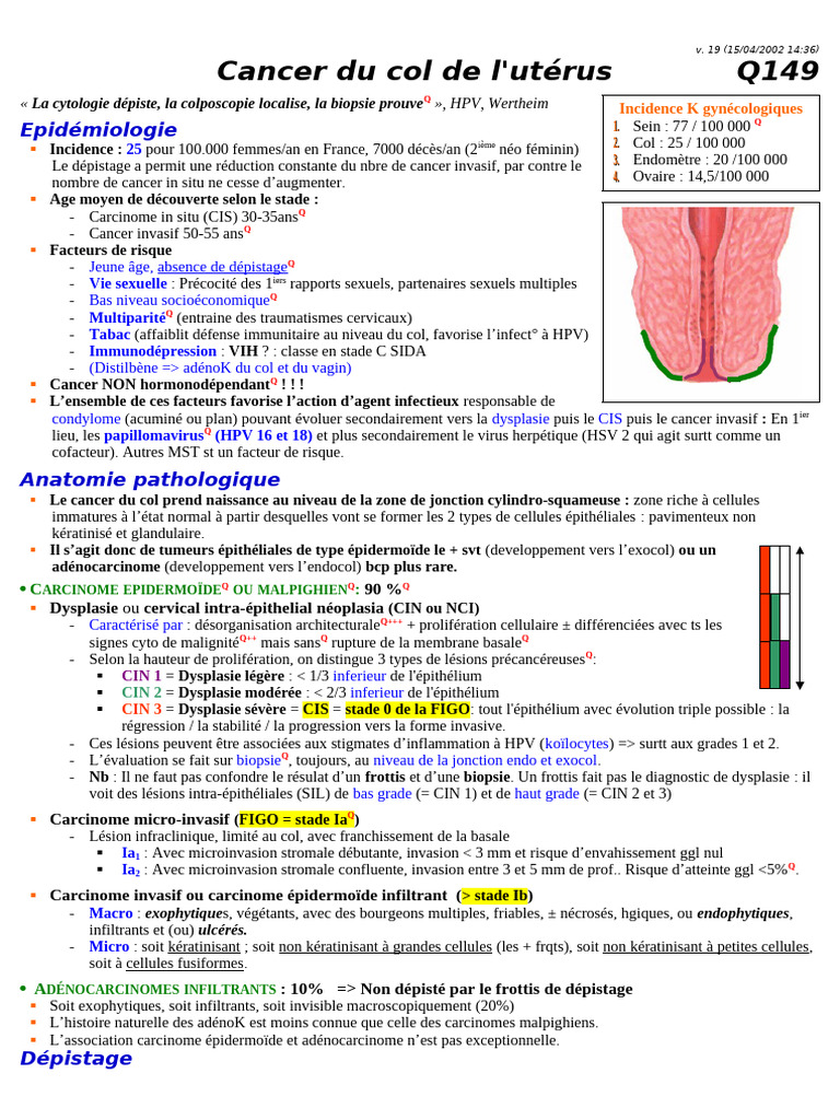 Incidence et dépistage du cancer du col | PDF | Cancer du col utérin ...