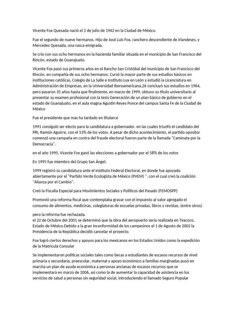 Biografía de Vicente Fox Quesada | PDF | México | Gobierno