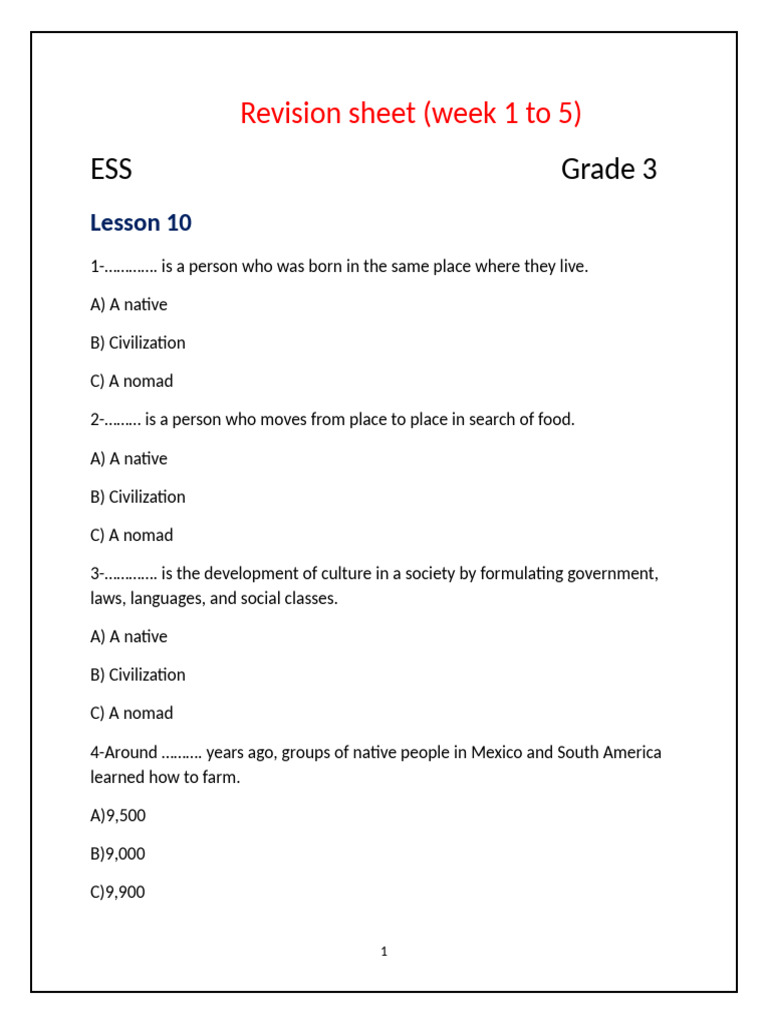 Grade 3 ESS Revision Week 1-5 | PDF