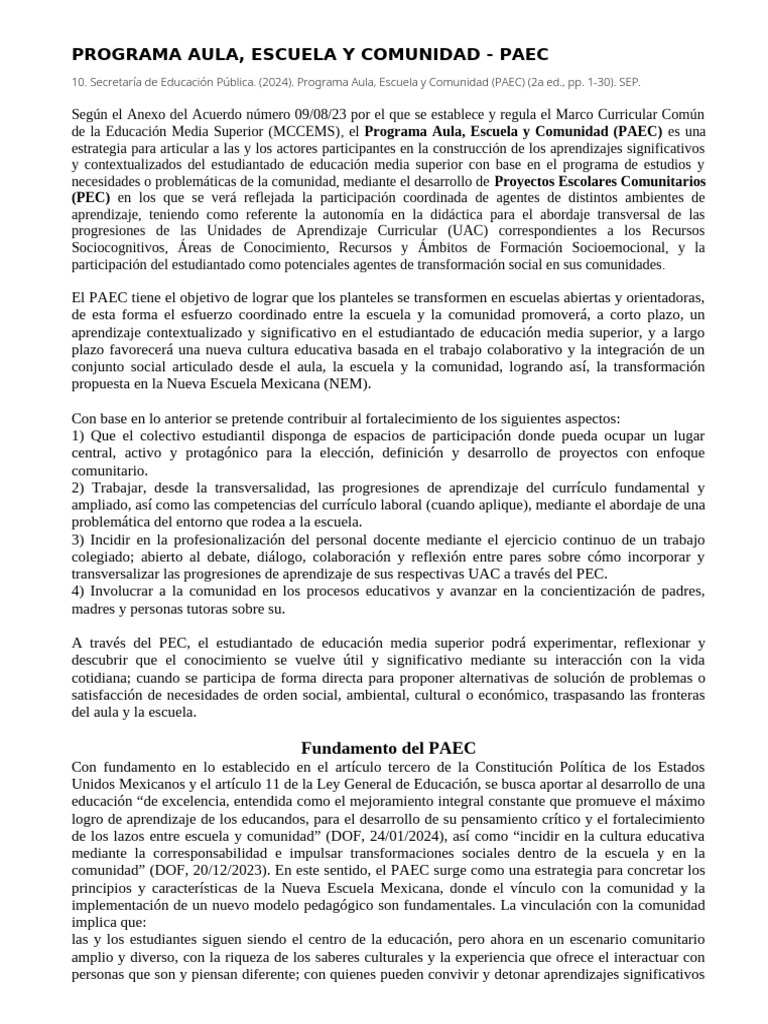 Programa Aula, Escuela y Comunidad 2024 | PDF | Plan de estudios ...