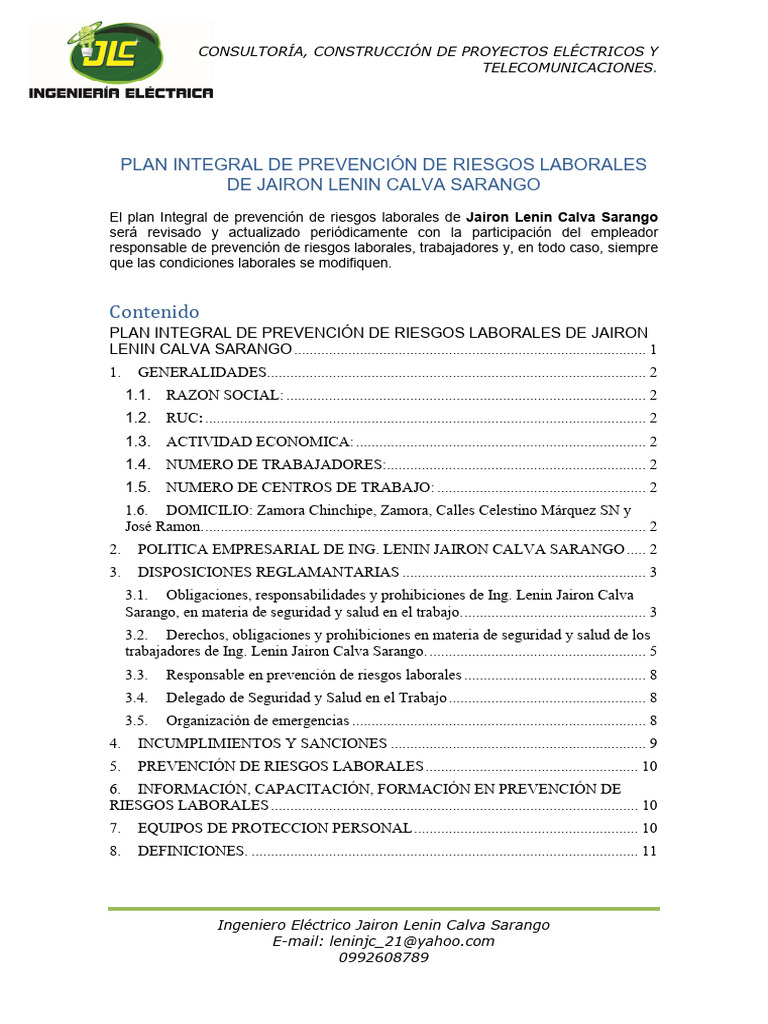 Plan de Prevención de Riesgos Laborales | PDF | Riesgo | Seguridad y ...