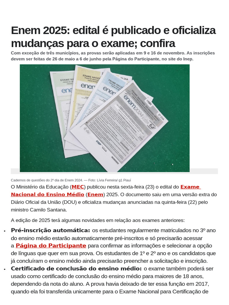 Edital do Enem 2025: Mudanças e Datas | PDF
