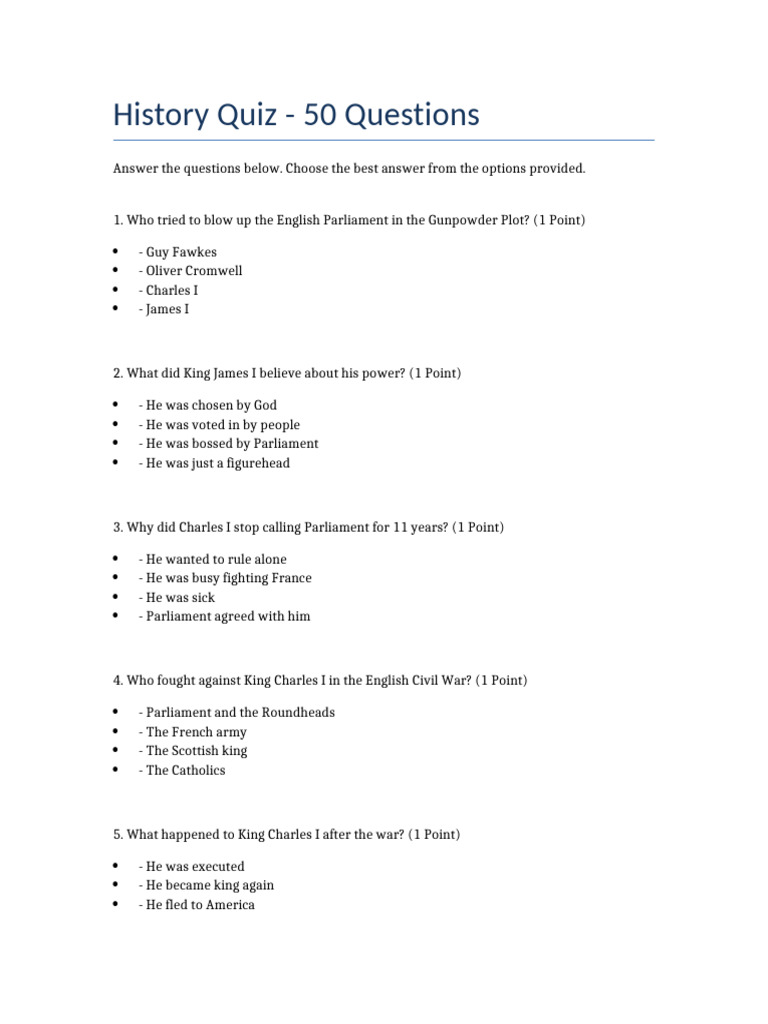 50 History Quiz Questions and Answers | PDF | English Civil War | Wars ...