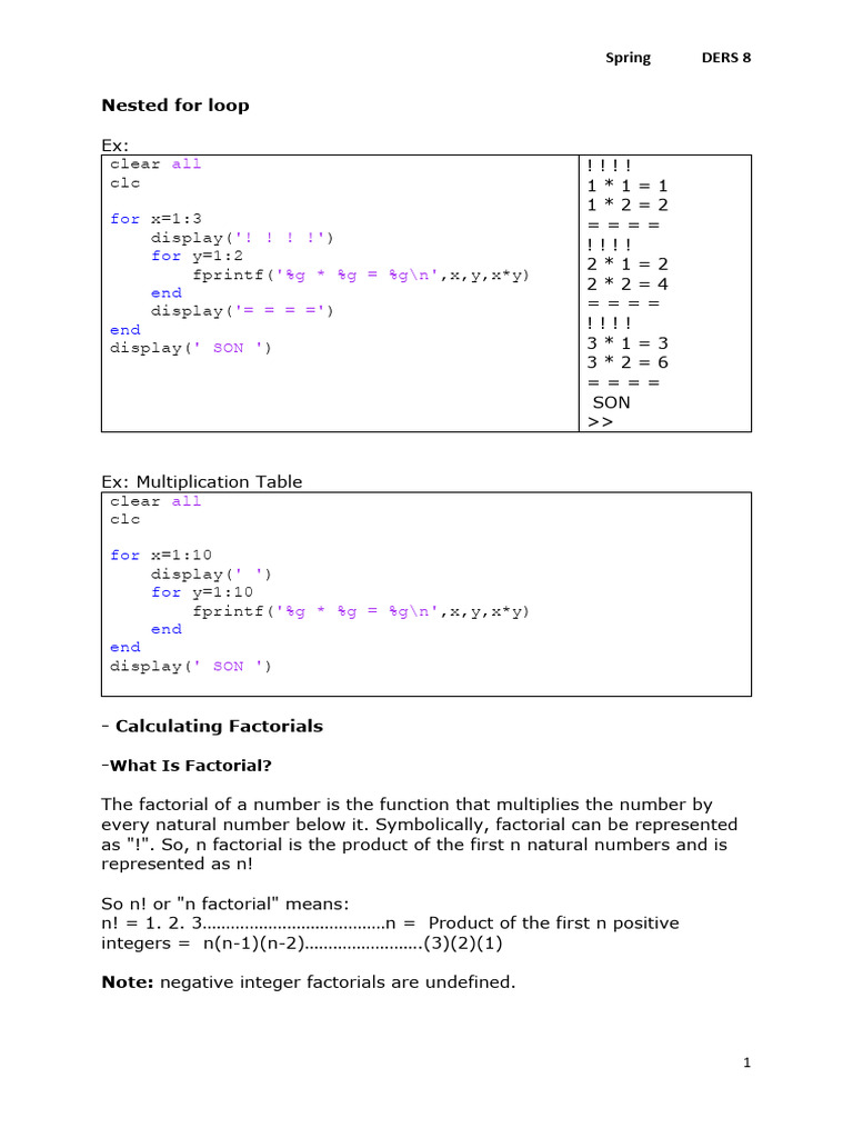 MATLAB Nested Loops and Factorials Guide | PDF | Function (Mathematics ...