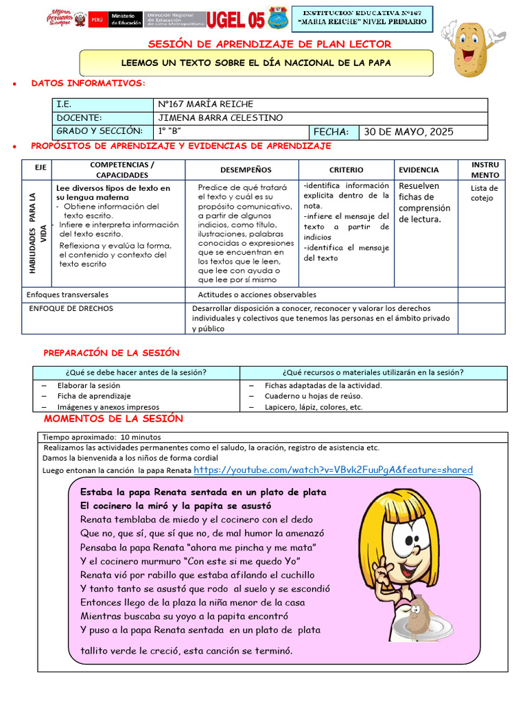 Sesión de Aprendizaje: Día de la Papa | PDF | Aprendizaje | Psicología ...