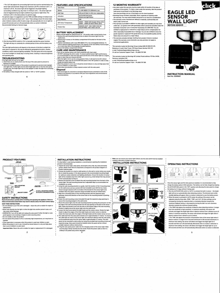 Eagle LED Sensor Wall Light Manual | PDF | Solar Panel | Lighting