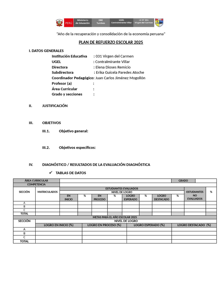 Plan de Refuerzo Escolar 2025 Perú | PDF | Aprendizaje | Modificación ...