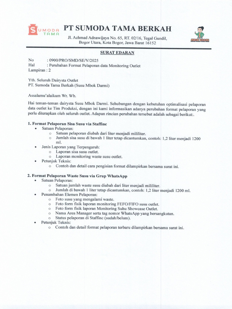 0900 - SE Perubahan Format Laporan Data Monitoring Outlet | PDF