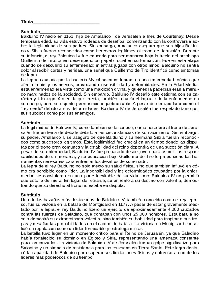 Balduino IV: El Rey Leproso de Jerusalén | PDF