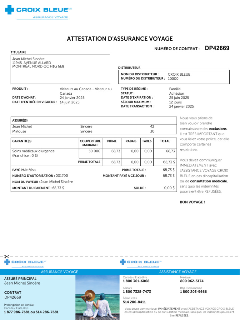 Attestation d'Assurance Voyage Canada | PDF | Accident vasculaire ...