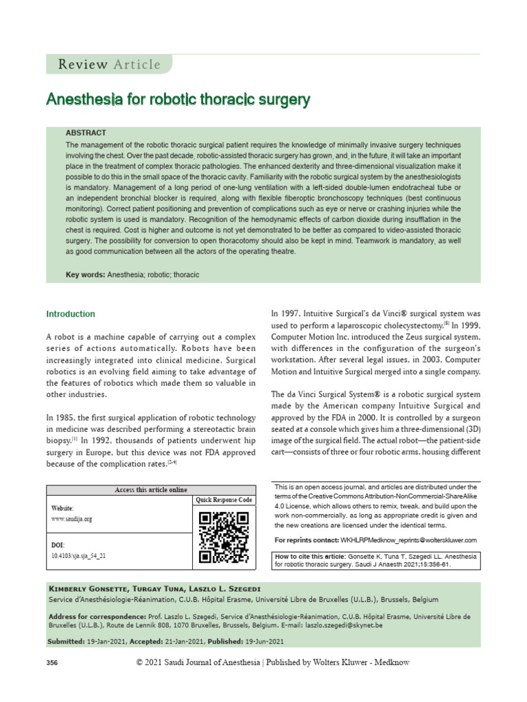 Anesthesia For Robotic Thoracic Surgery.13 | PDF | Surgery | Anesthesia