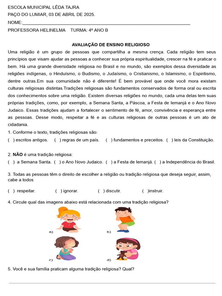 Avaliação de Ensino Religioso 4º Ano | PDF | Tradições | Fé