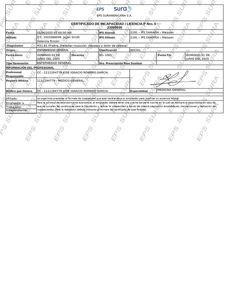 Certificado de Incapacidad EPS Suramericana | PDF