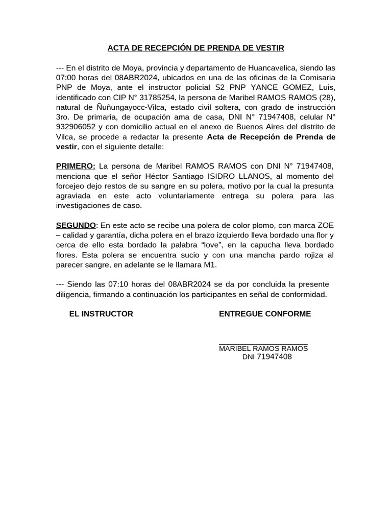 Acta de Recepción de Prenda de Vestir | PDF