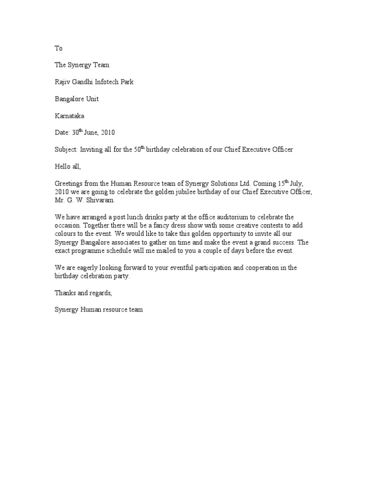 Birthday Party Invitation Letter in Word Format PDF