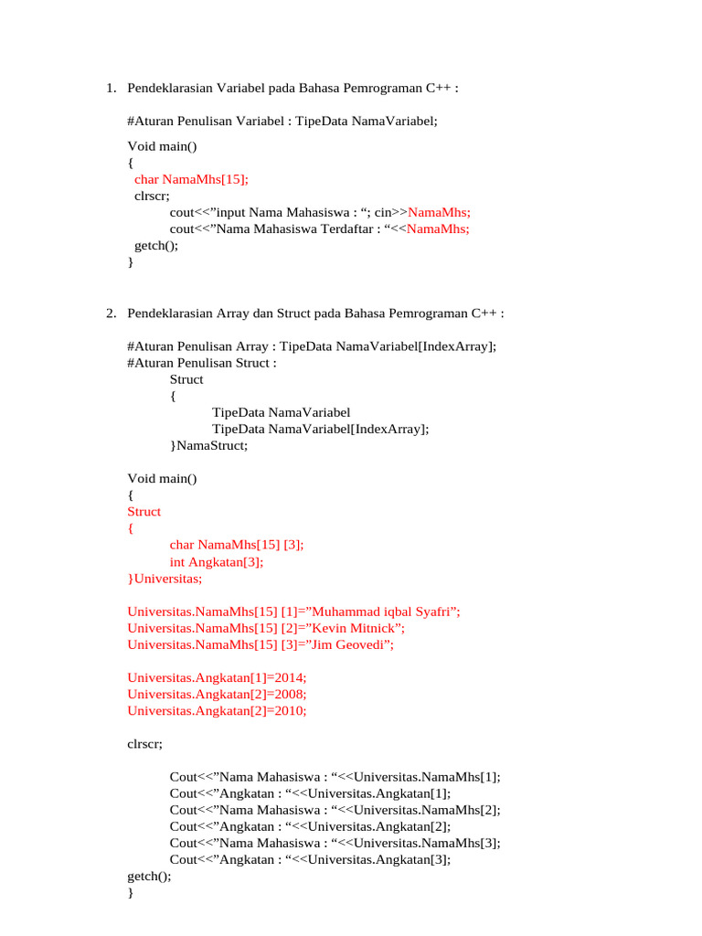 Panduan Pendeklarasian C++: Variabel, Array, Struct | PDF