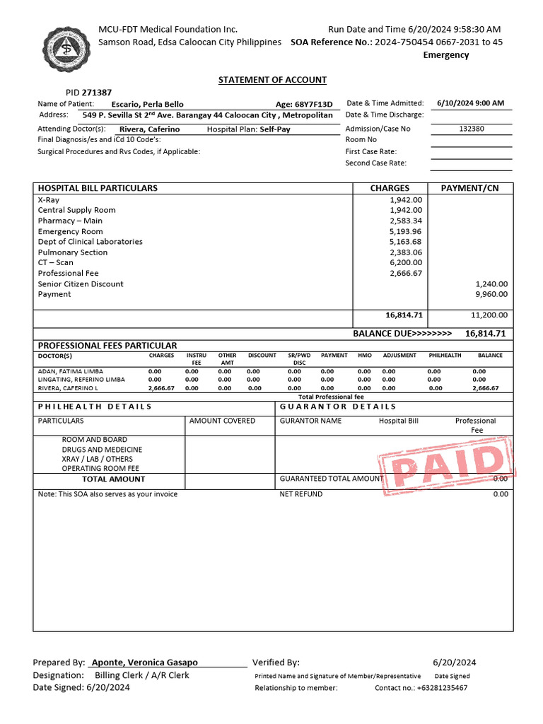 Hospital Billing Statement Sample | PDF | Public Services | Health Sciences