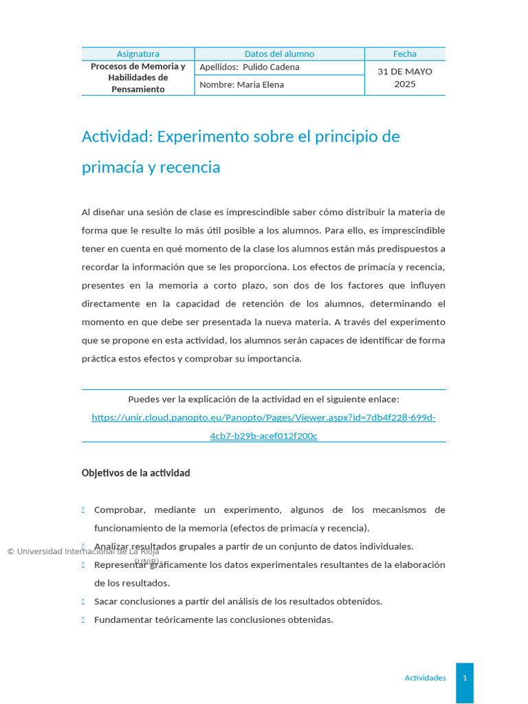 Experimento de Primacía y Recencia en Clase | PDF | Memoria | Estilo apa