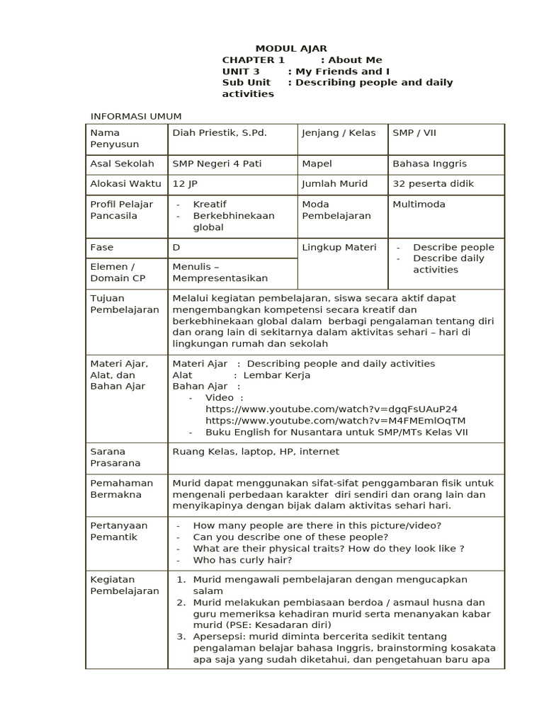 MODUL AJAR 7.1 Chapter 1 Unit 3 | PDF