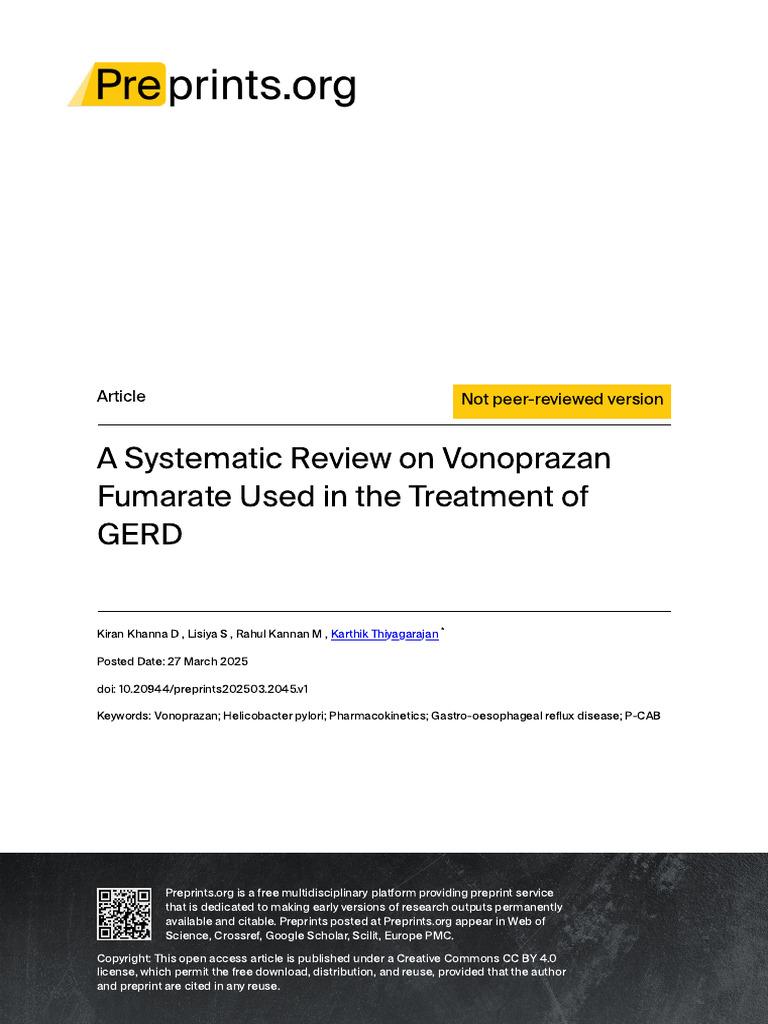 Systematic Review of Vonoprazan for GERD | PDF | Gastroesophageal ...