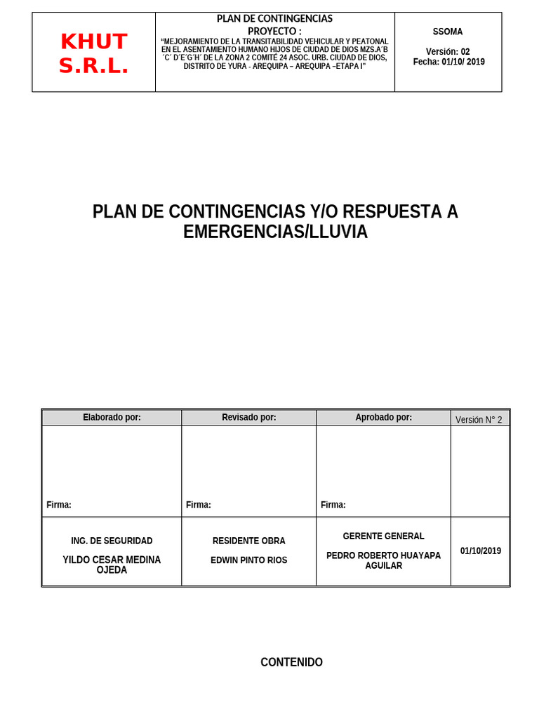 Plan de Contingencias para Lluvias en Yura | PDF | Inundar | Defensa Civil