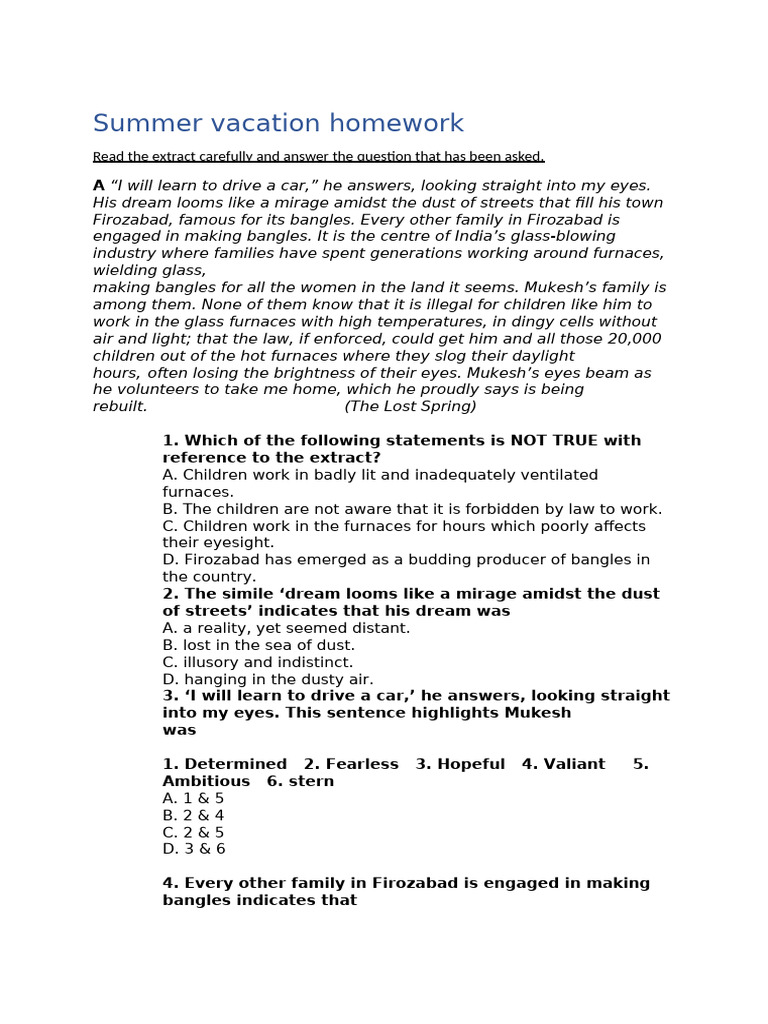 English Summer Vacation Homework Pdf