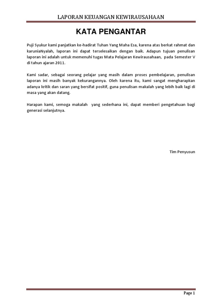 Contoh Kata Pengantar Laporan Kewirausahaan Contoh Soal