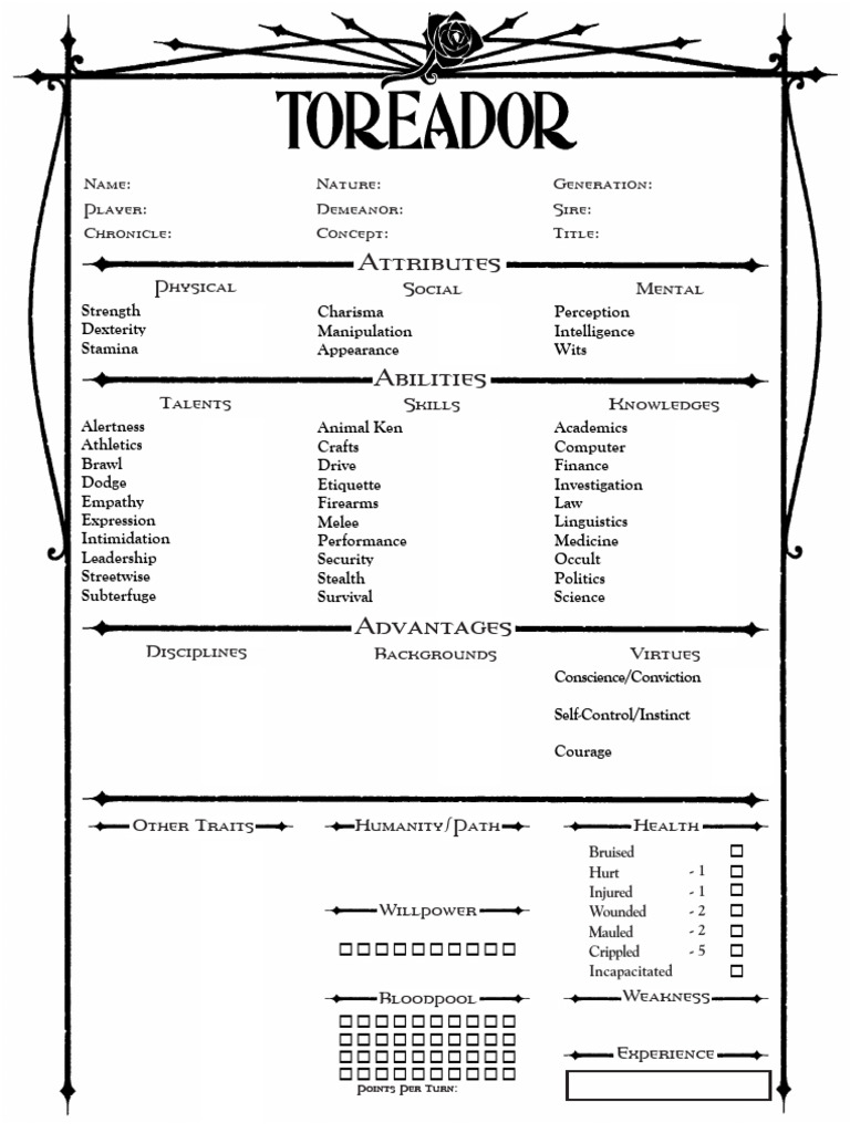 Character Sheet for RPG Attributes | PDF