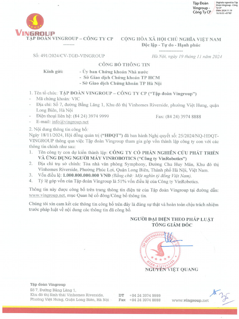 Vic CBTT Ve Viec Thanh Lap Cong Ty Con | PDF