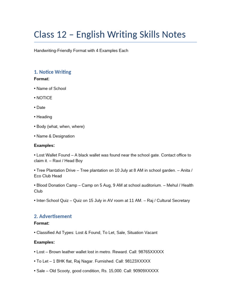 English Writing Skills Notes Class12 | PDF | Chess | Chess Theory