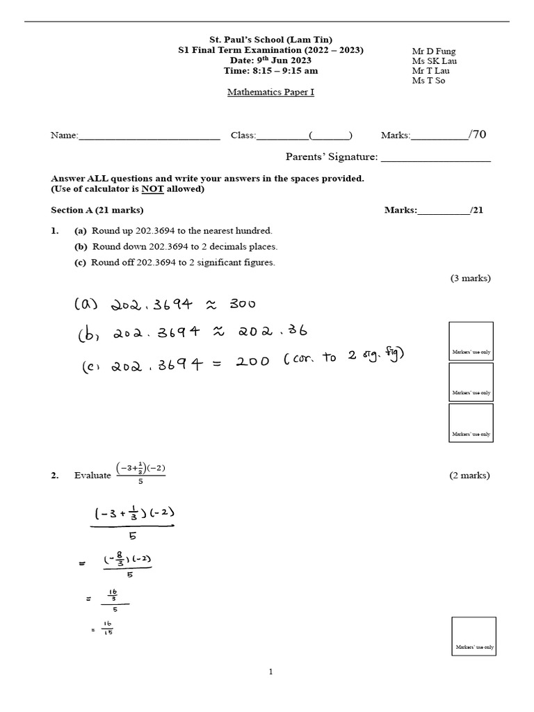 S1 Mathematics Final Exam Paper 2023 | PDF | Area | Cartesian ...