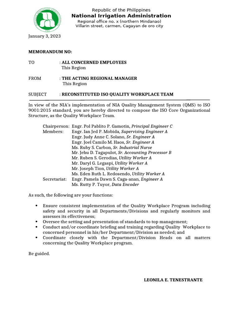 ISO Quality Workplace Team Memo | PDF