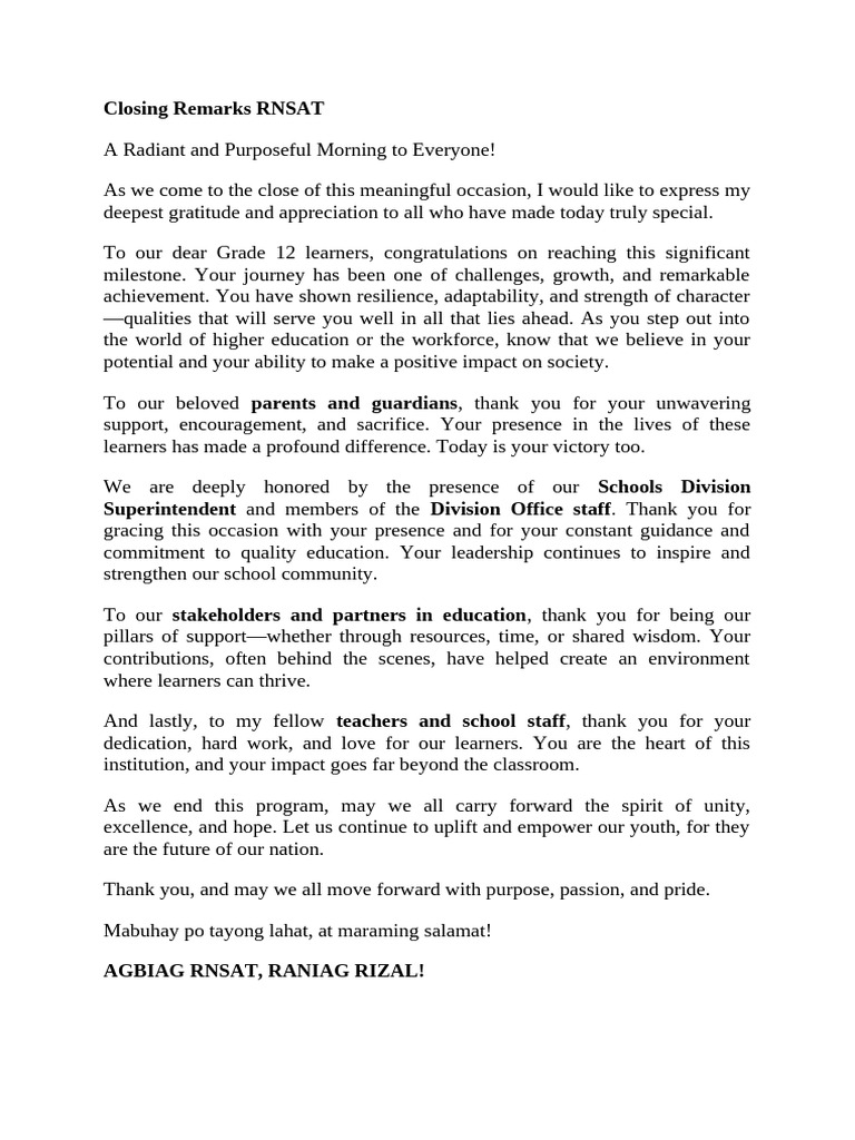 Closing Remarks for RNSAT Event | PDF