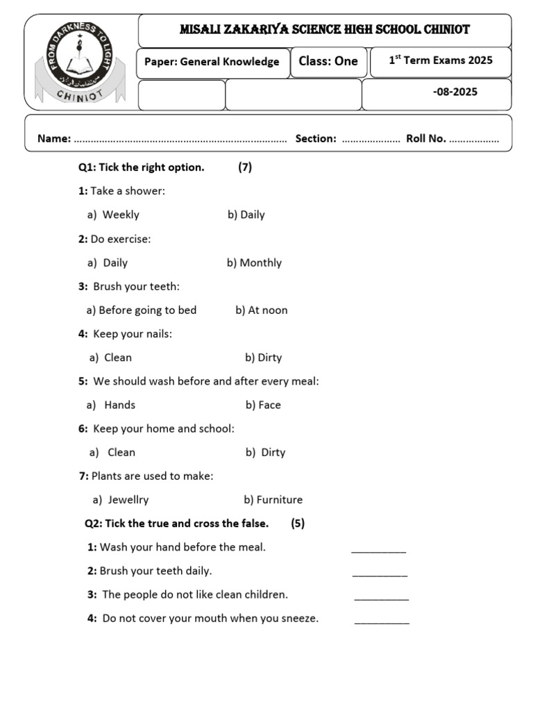General Knowledge Exam for Class One | PDF | Zoology