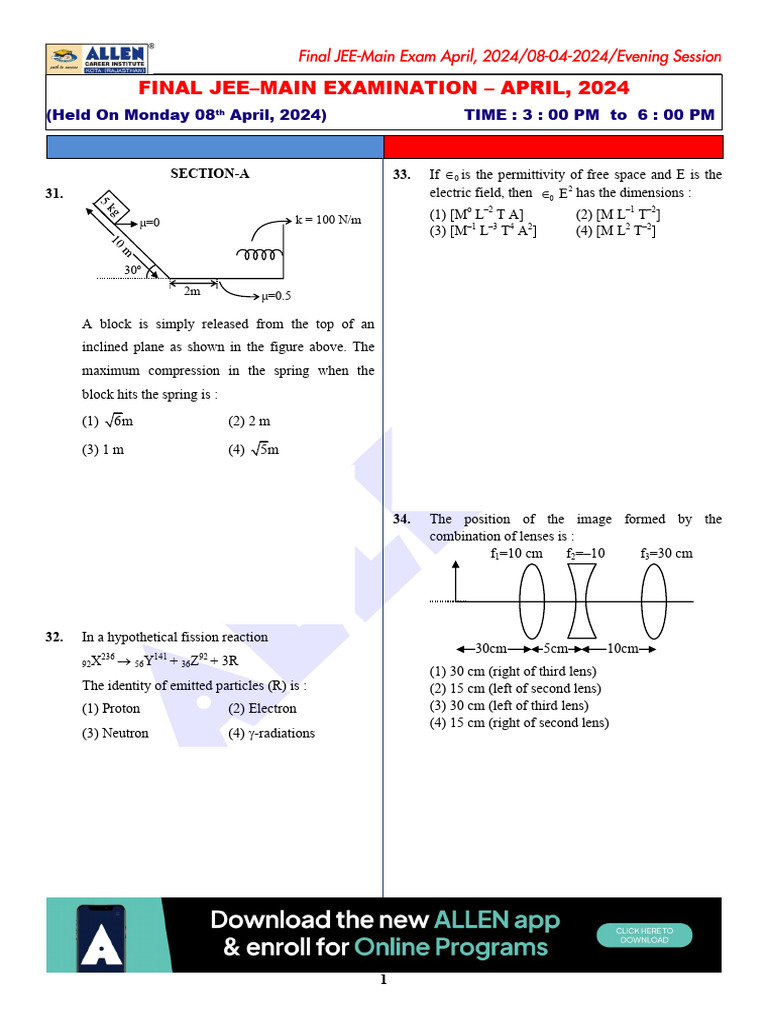 JEE Main Physics Solutions April 2024 | PDF | Gases | Velocity