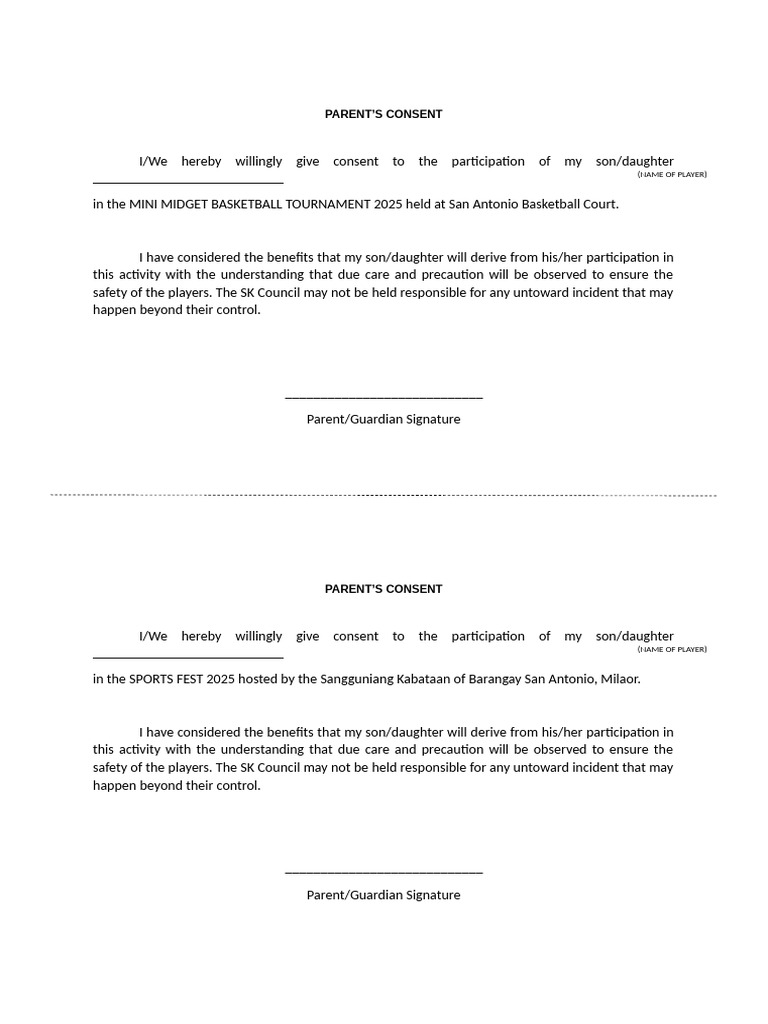 Parent Consent for Sports Events 2025 | PDF