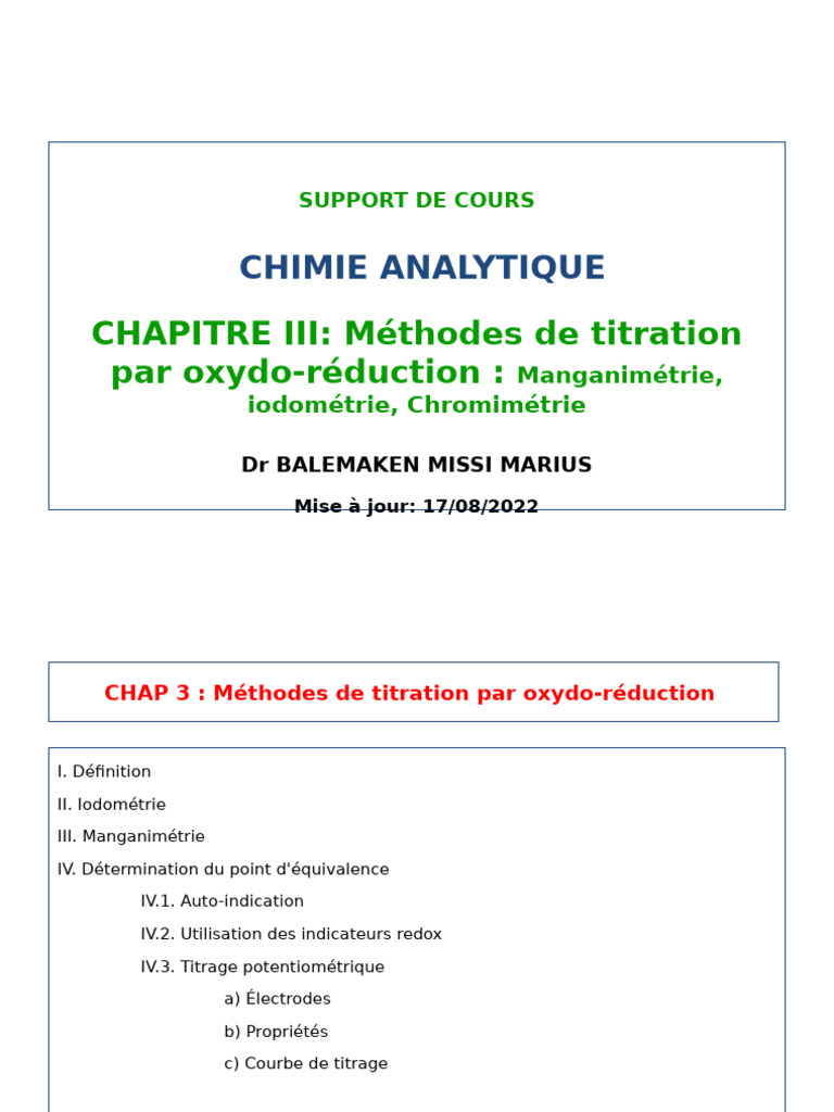 Titrage Redox en Chimie Analytique | PDF | Titrage | Chimie